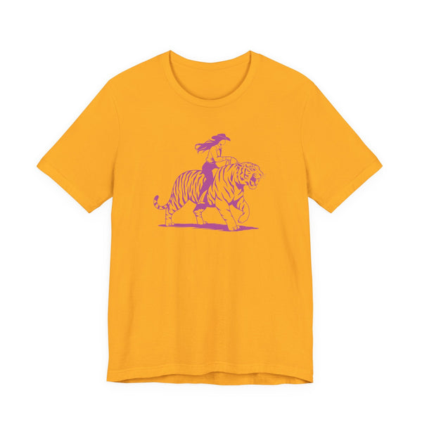 Yellow cowgirl graphic tee with purple tiger rider print
