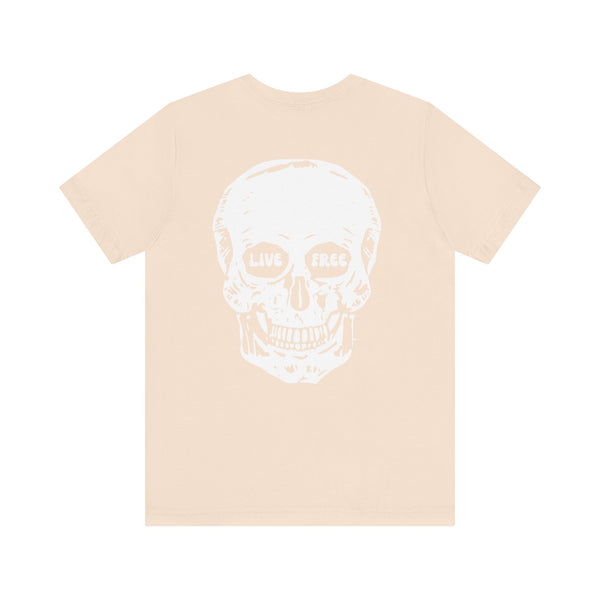 Beige streetwear t-shirt with a large white skull graphic on the back featuring the words "Live Free" in the eye sockets.