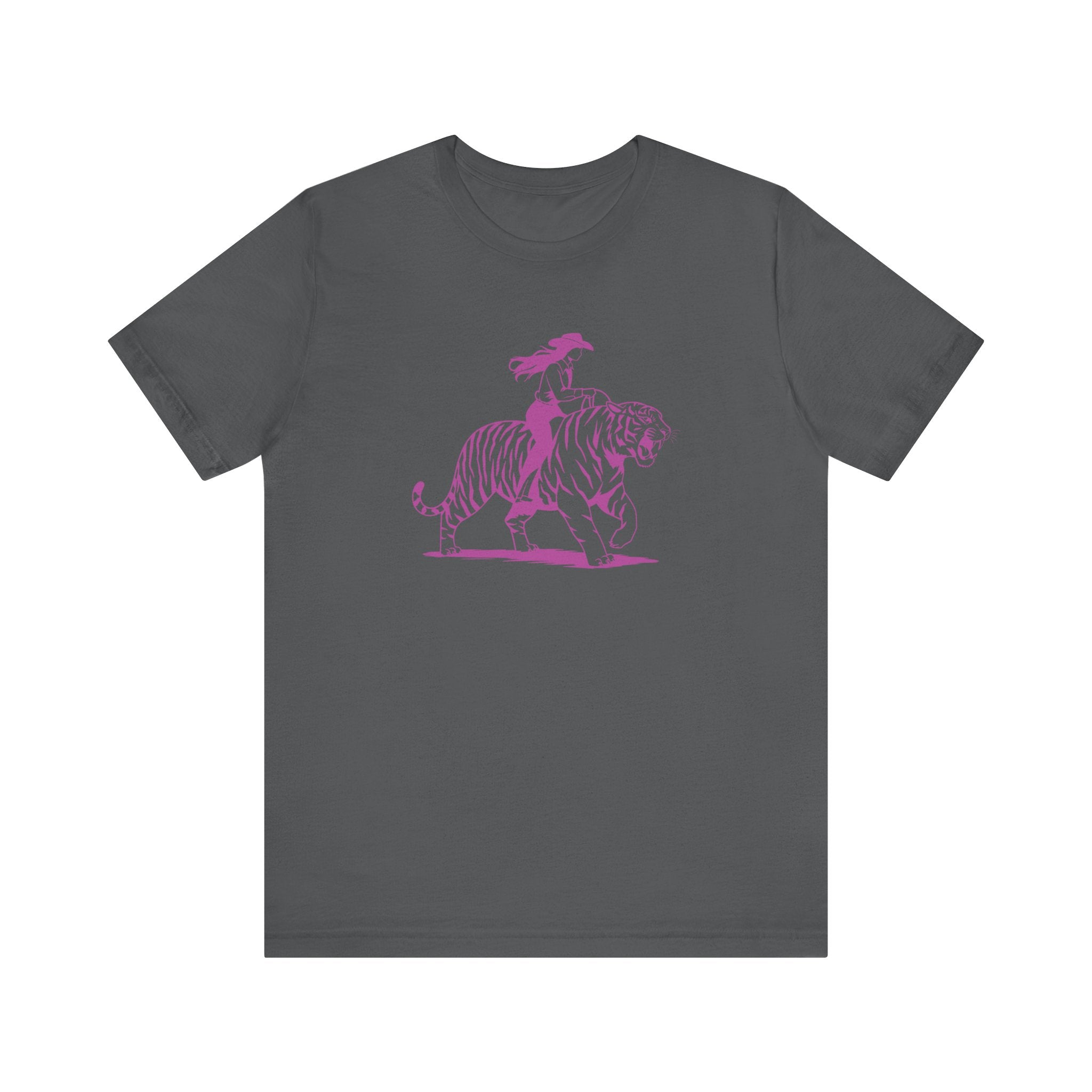 Cowgirl Riding Tiger Front Print Graphic Tee - Retro Style with Humor