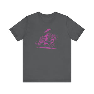 Cowgirl Riding Tiger Front Print Graphic Tee - Retro Style with Humor
