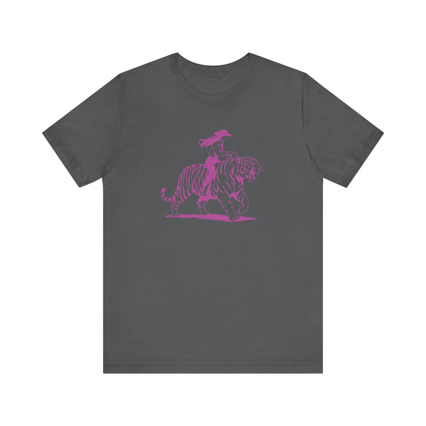 Cowgirl Riding Tiger Front Print Graphic Tee - Retro Style with Humor