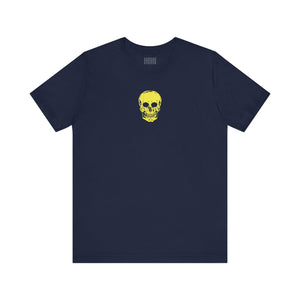Navy unisex t-shirt with small neon yellow skull graphic center front by Fugitive Tees