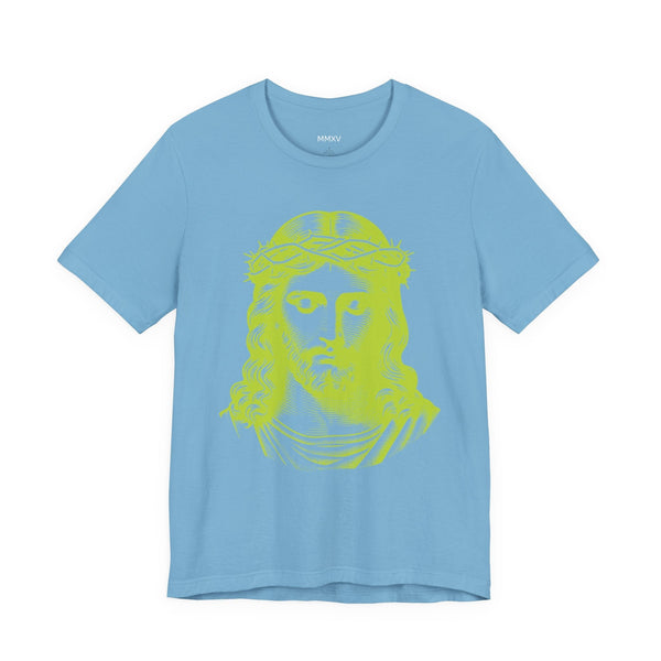 Blue Christian t-shirt with jumbo lime green Jesus graphic and ribbed collar