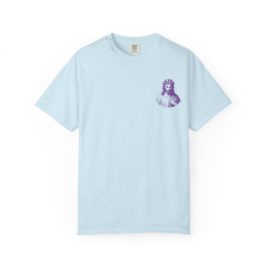 Light blue unisex Christian streetwear tee with small purple Jesus graphic on left chest