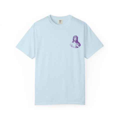 Light blue unisex Christian streetwear tee with small purple Jesus graphic on left chest
