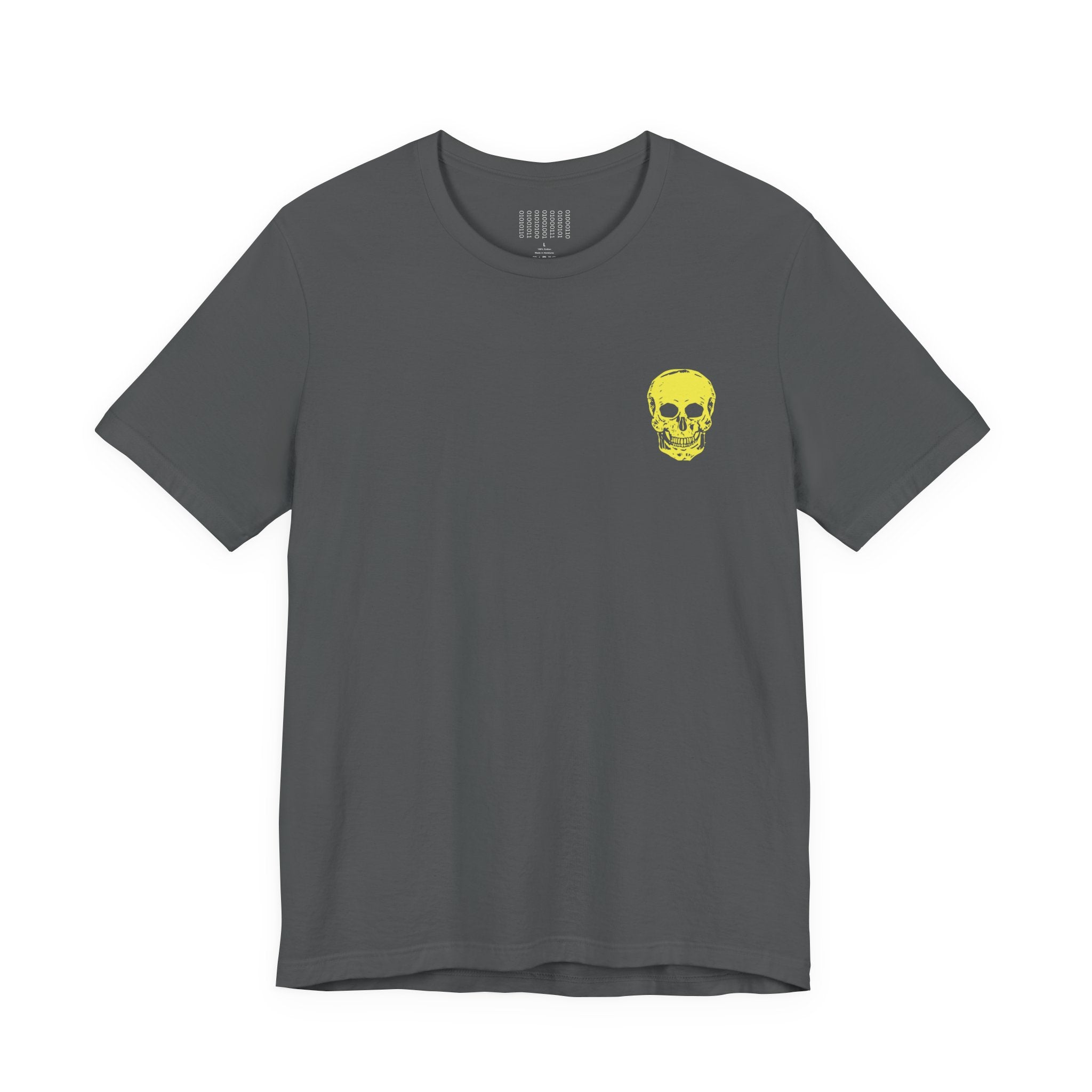Charcoal gray tee with small yellow skull chest print, underground style streetwear design