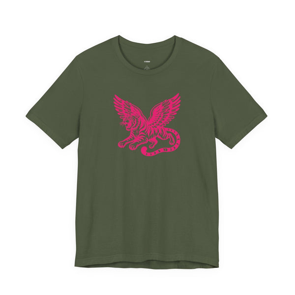 Green mythical t shirt with vibrant pink winged lion graphic for streetwear style