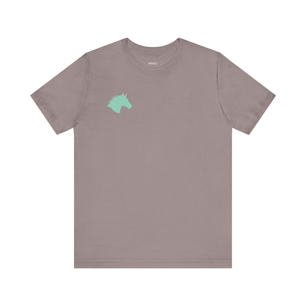 Minimalist gray equestrian t-shirt with mint horse head graphic on left chest, soft breathable cotton blend, ribbed collar, shoulder tape, tear-away label.