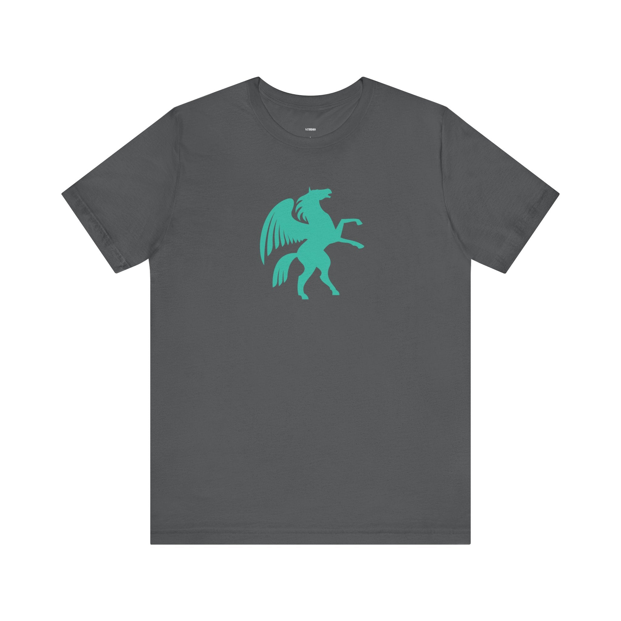 dark gray t-shirt with turquoise pegasus graphic, cool graphic t shirts, unisex cotton tee