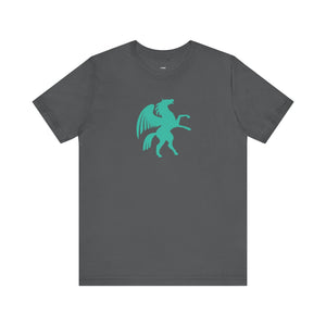 dark gray t-shirt with turquoise pegasus graphic, cool graphic t shirts, unisex cotton tee