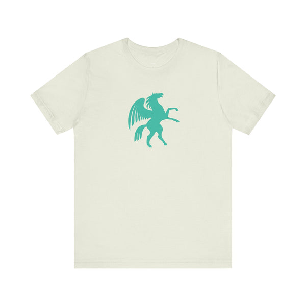 Unisex white tee with turquoise Pegasus graphic symbolizing flight and power, made from 100% cotton, perfect cool graphic t shirt.