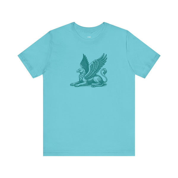 Light blue Gryphon t shirt with detailed mythical winged beast graphic on front in dark teal color