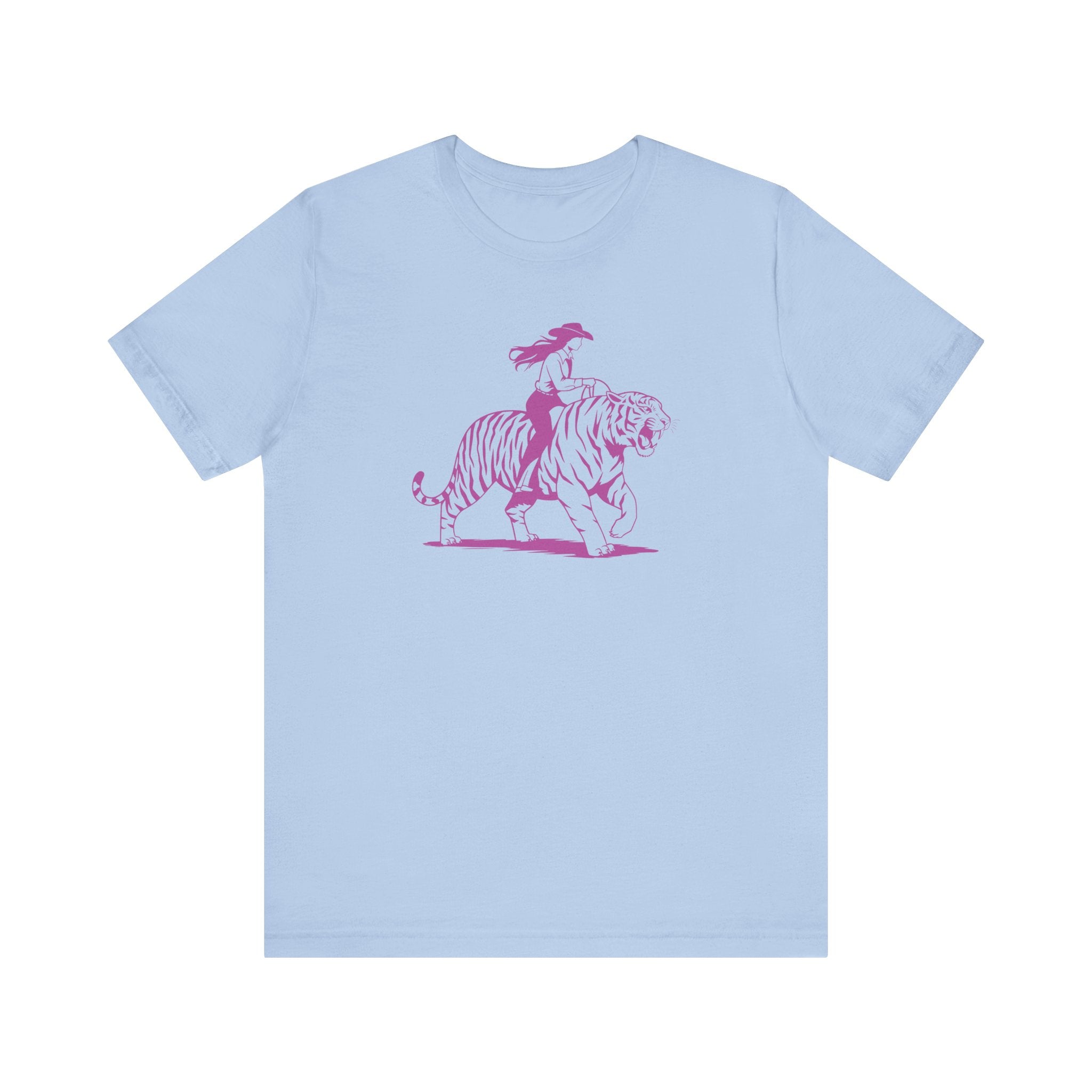 Light blue tee with neon magenta cowgirl riding tiger graphic, retro style cowgirl shirt