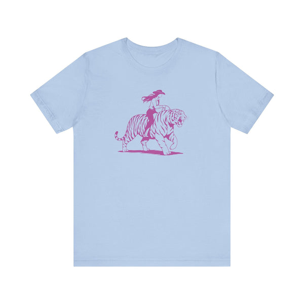 Light blue tee with neon magenta cowgirl riding tiger graphic, retro style cowgirl shirt