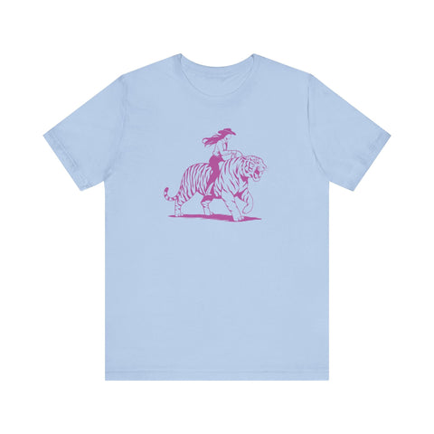 Light blue tee with neon magenta cowgirl riding tiger graphic, retro style cowgirl shirt