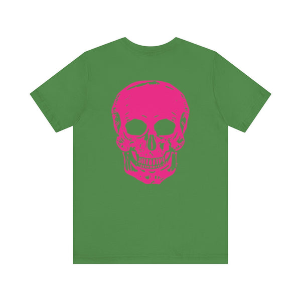 Green punk rock t-shirt with a bold pink skull graphic on the back.
