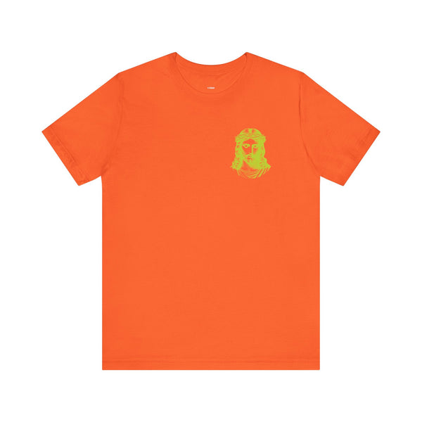 Orange Jesus t-shirt with lime green mini Jesus front left graphic and jumbo back print by Iconic Sandra Oles