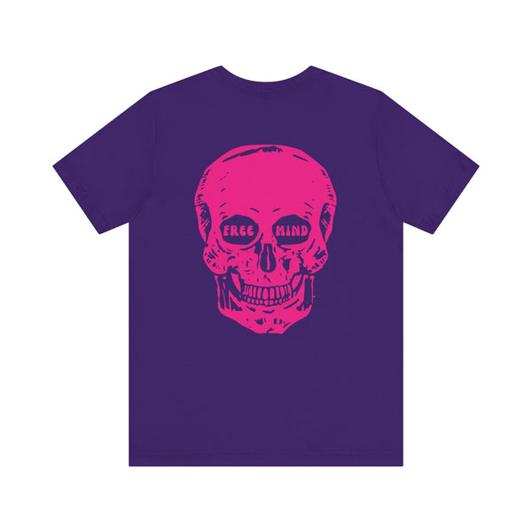 Purple statement streetwear t-shirt with oversized pink skull back print featuring "FREE MIND" eye detail