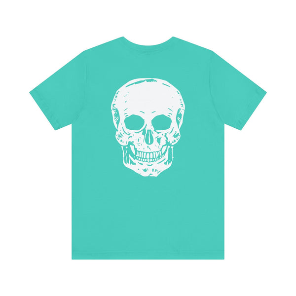 White jumbo skull graphic tee with large back print and mini skull front design