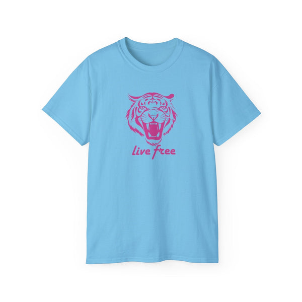 Pink “Live Free” Jumbo Retro Roaring Tiger Head Graphic Tee - Fugitive by Sandra Oles