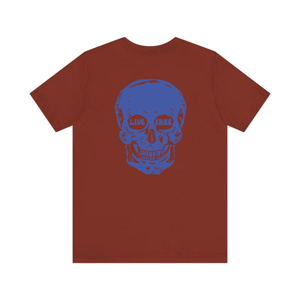 Brown streetwear tee with large blue skull back print featuring "Live Free" text in the eyes