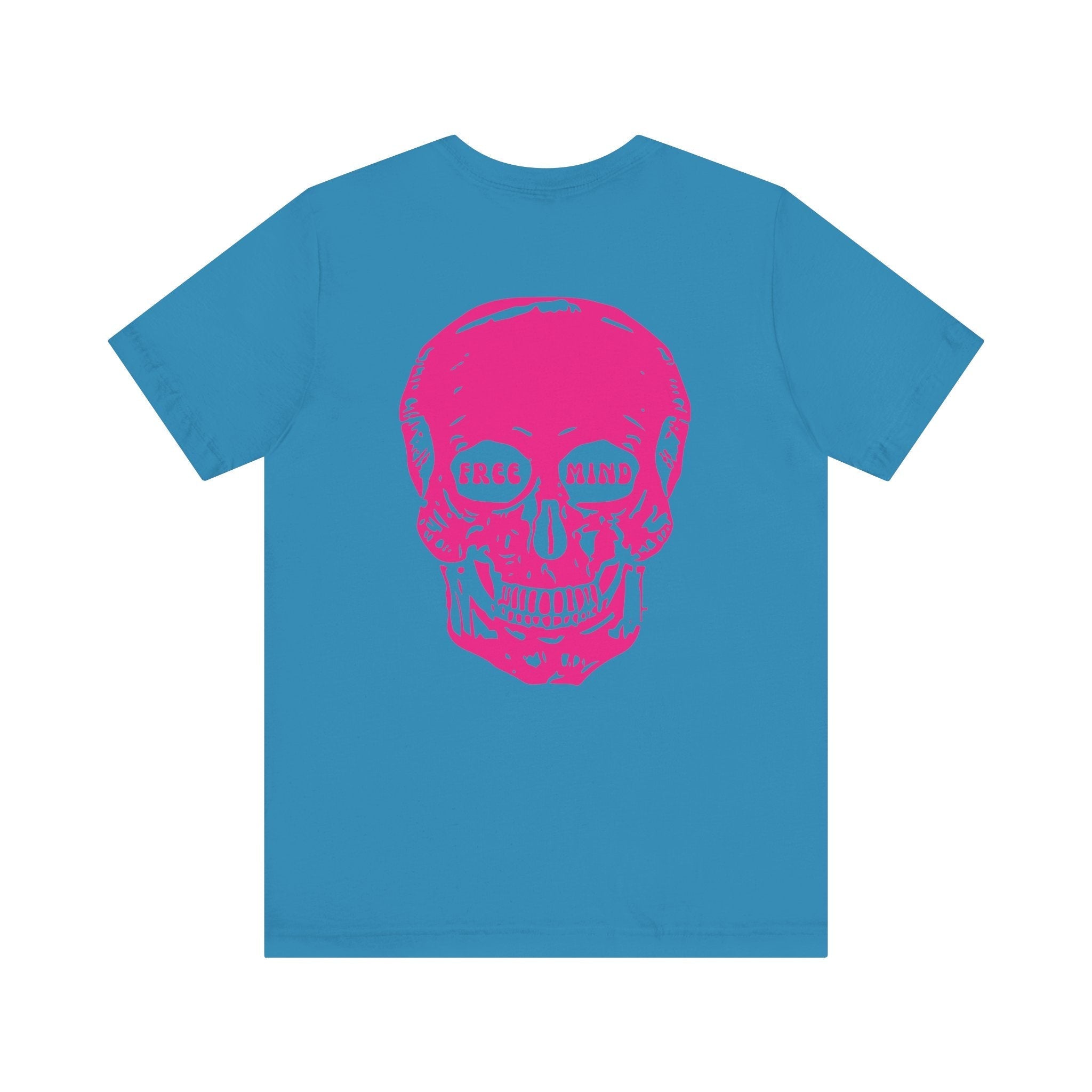 Blue statement streetwear t-shirt with oversized pink skull back print featuring "FREE MIND" text in eye sockets