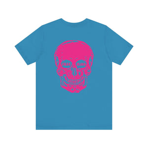 Blue statement streetwear t-shirt with oversized pink skull back print featuring "FREE MIND" text in eye sockets