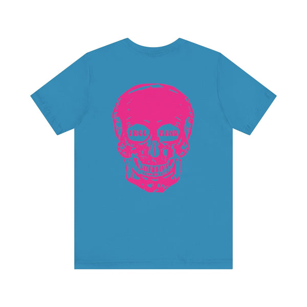Blue statement streetwear t-shirt with oversized pink skull back print featuring "FREE MIND" text in eye sockets