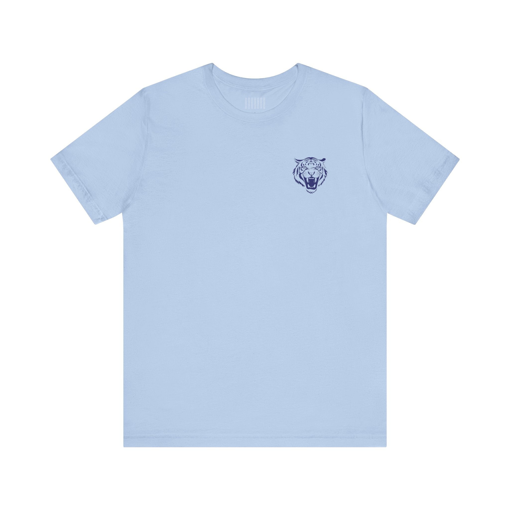 navy blue retro graphic tee with mini roaring tiger head print on left front