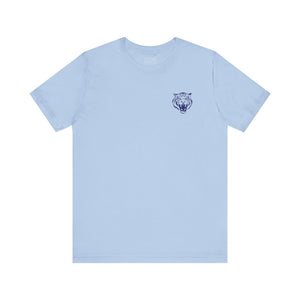 navy blue retro graphic tee with mini roaring tiger head print on left front