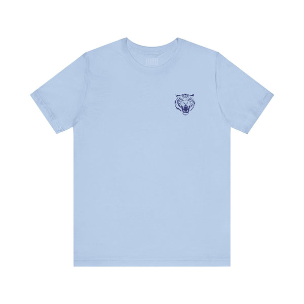 navy blue retro graphic tee with mini roaring tiger head print on left front