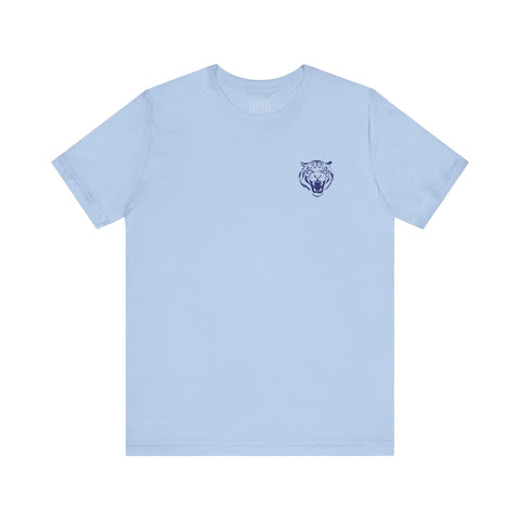 navy blue retro graphic tee with mini roaring tiger head print on left front