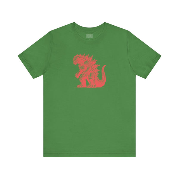 Green t-shirt with red Godzilla-inspired kaiju graphic for monster movie fans
