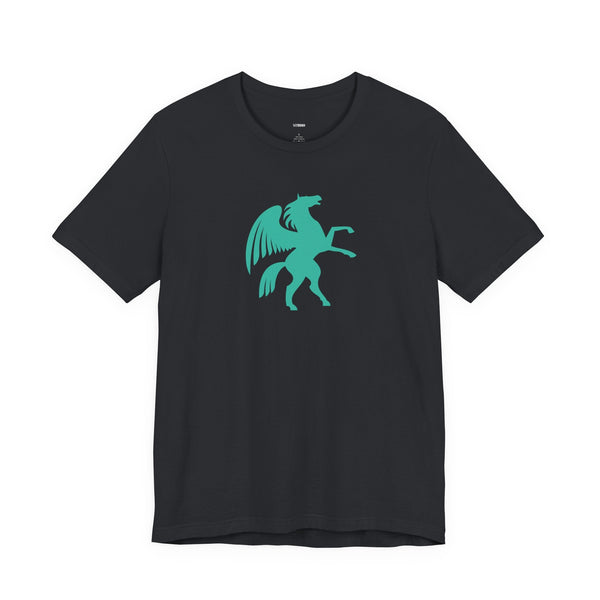 Black crew neck t-shirt with bright turquoise Pegasus graphic, unisex cool graphic t-shirts design