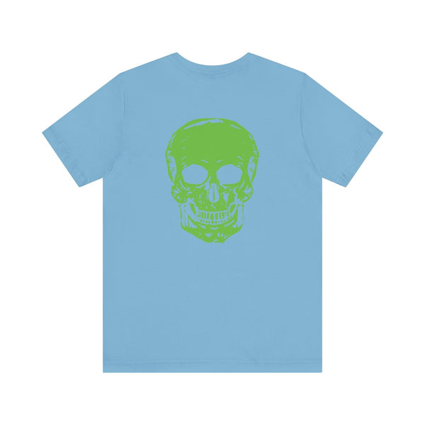 Green Jumbo Skull Back Print with Green Mini Skull Left Front Graphic Tee - Fugitive by Sandra Oles