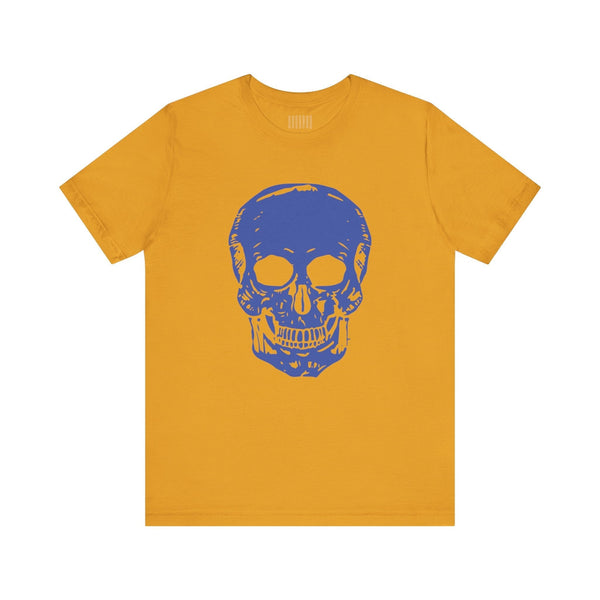 Mustard yellow skull tee with a large blue skull graphic on the front for bold streetwear style