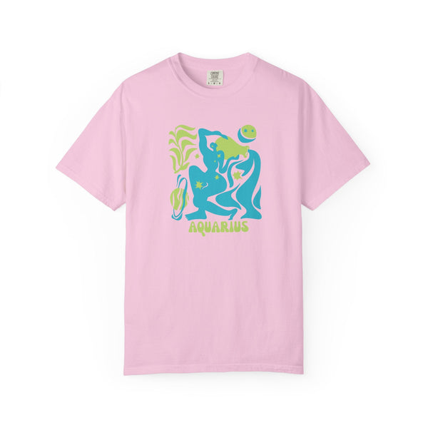 Pink Aquarius zodiac graphic tee with vibrant aqua blue and green celestial design featuring water-bearer motif and stars