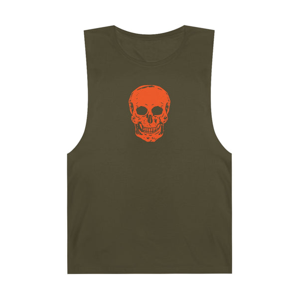 Olive green grunge inspired tank top with bold orange skull graphic and raw sleeve edges