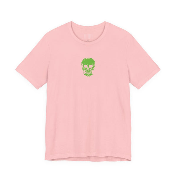 Pink urban streetwear t-shirt with centered mini green skull graphic on chest