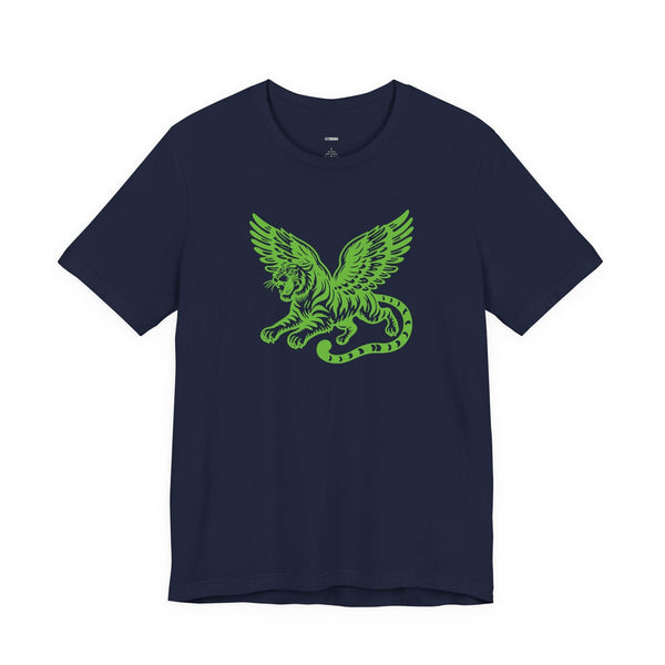 Navy t-shirt with neon green winged tiger graphic on chest, mythical and bold design