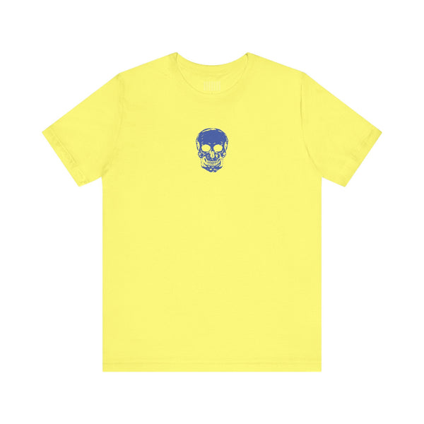 yellow graphic t shirt with small blue skull design on chest