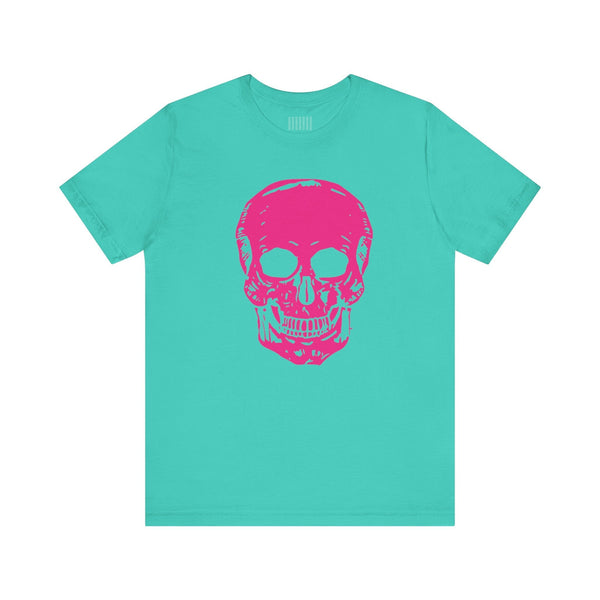 turquoise edgy t shirt with large neon pink skull graphic front print