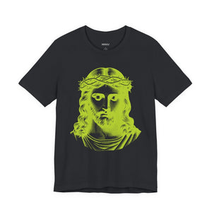 Black Christian t-shirt featuring a jumbo lime green graphic of Jesus with a crown of thorns, made from premium breathable cotton.