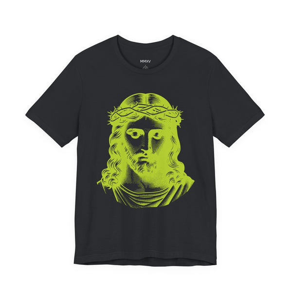 Black Christian t-shirt featuring a jumbo lime green graphic of Jesus with a crown of thorns, made from premium breathable cotton.