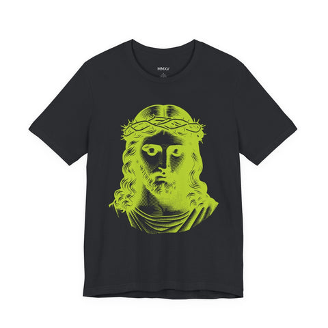 Black Christian t-shirt featuring a jumbo lime green graphic of Jesus with a crown of thorns, made from premium breathable cotton.