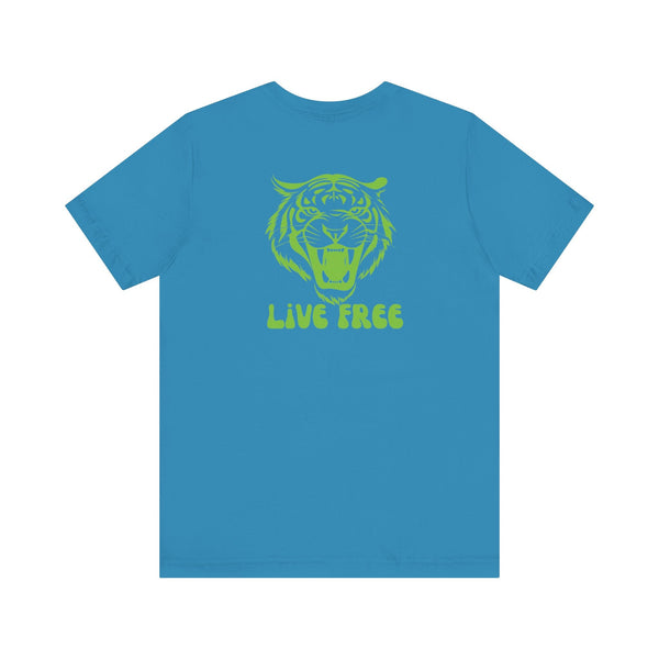 blue tee with vintage tiger roaring live free graphic back print