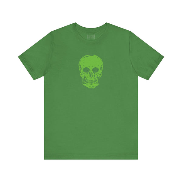 Green skull graphic t-shirt in bold streetwear style with soft cotton fabric and ribbed collar