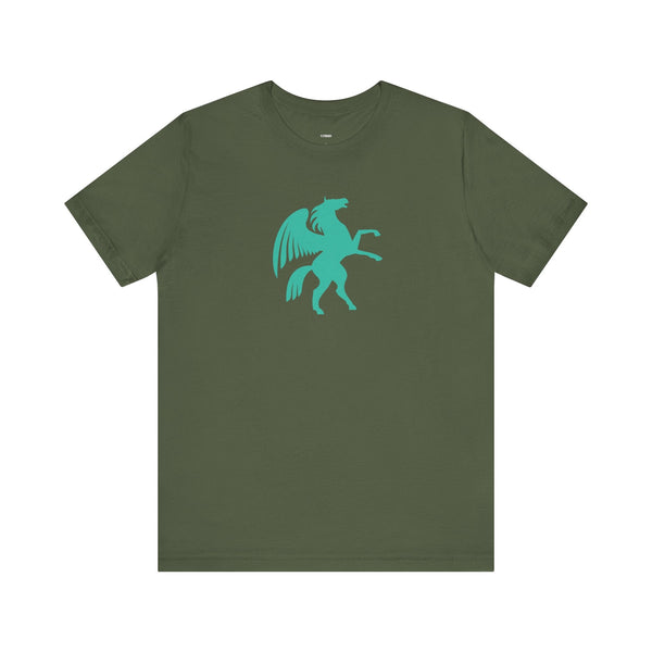 Olive green t-shirt with turquoise Pegasus graphic from Mythical Series, made of premium breathable cotton, unisex fit.