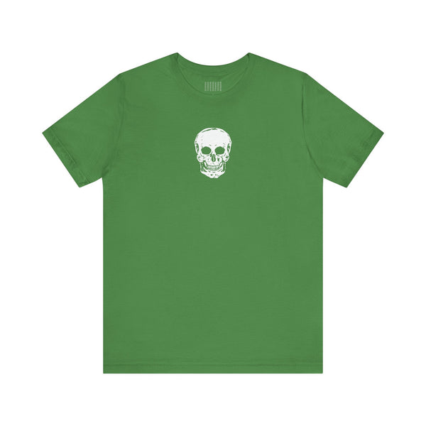 Green t-shirts with centered mini white skull front print, made of soft cotton for casual wear.