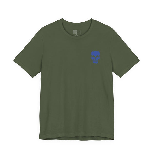 Olive green graphic tee shirt with small blue skull on front left and large blue skull back print